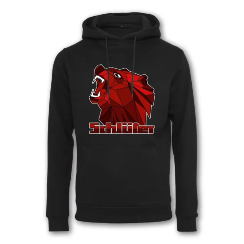 Hoody oder Kapuzenpulli mit einem großen Brustdruck worauf ein Bär rot gefärbt und der Schlüter Schriftzug zu sehen ist.